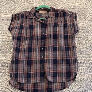 LOFT Navy and Pink Plaid Button-Up Dolman Shirt